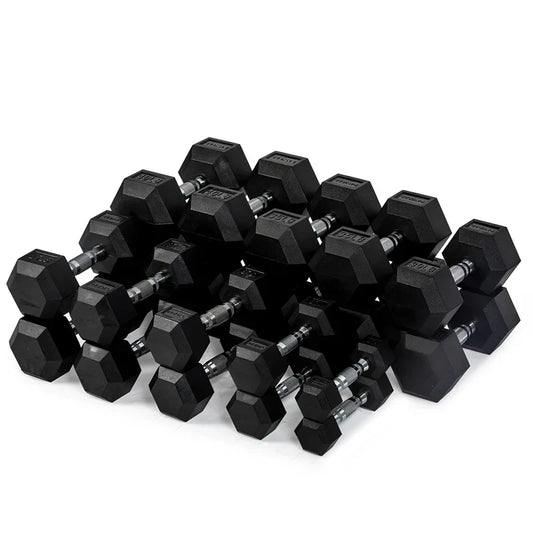 Rubber hex dumbbell set from 5 to 50 lb for a home gym