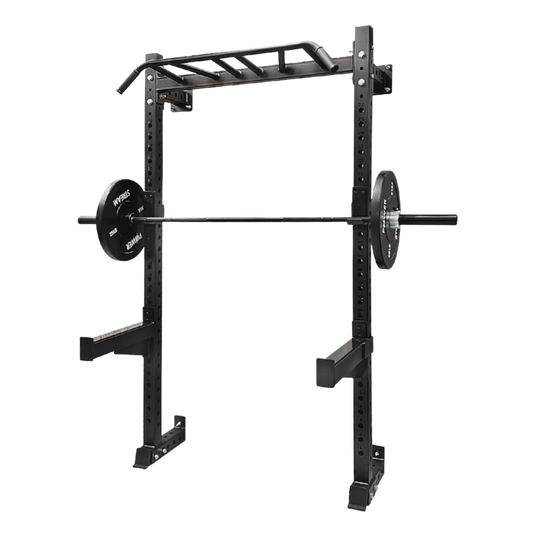 GECKO A30 wall-mounted power rack with spotter arms and pull-up bar