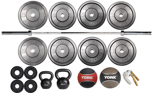 Starter garage gym package with Olympic bar, plates and kettlebells