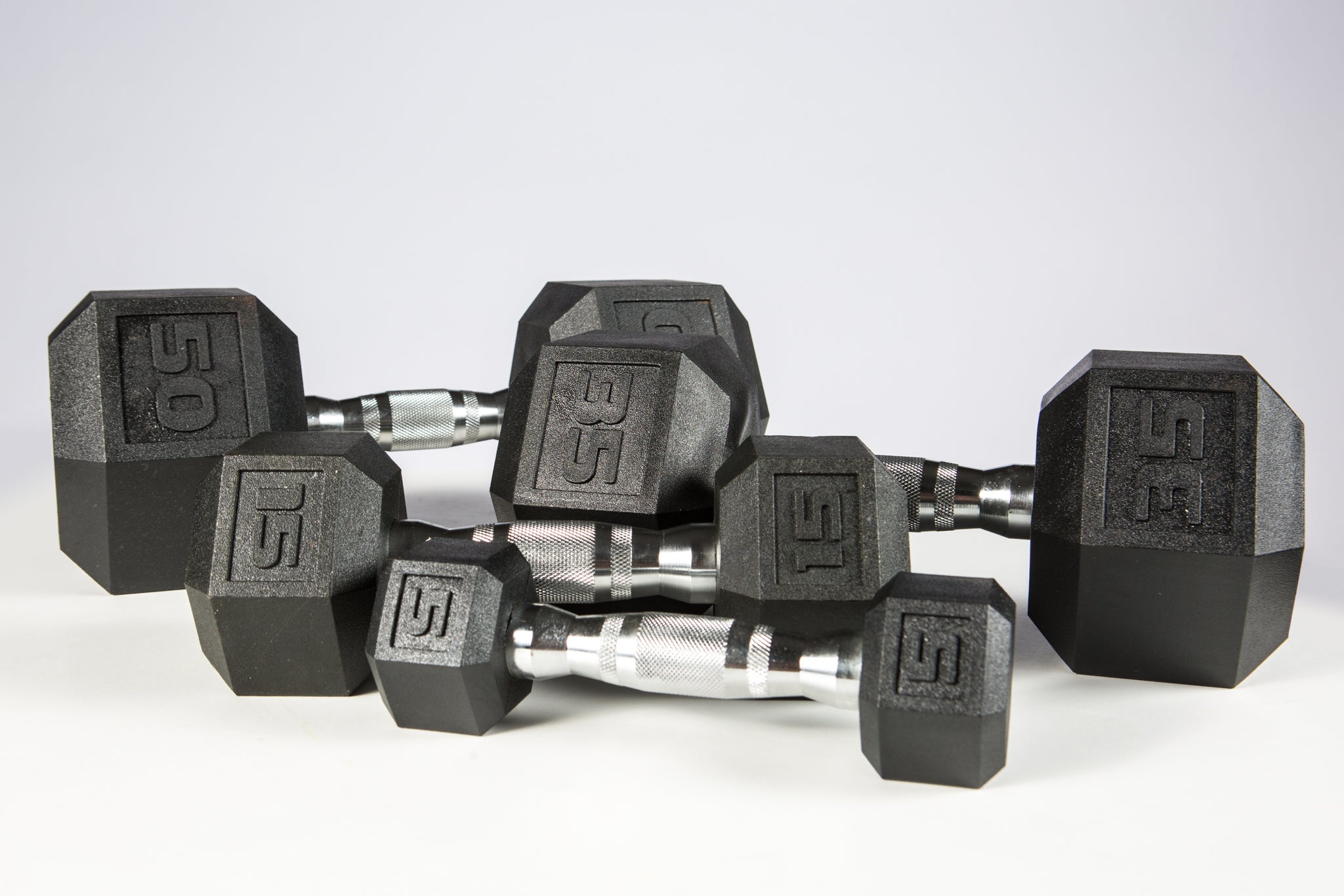 5-50lb York PVC Hex Dumbbell - Chrome Ergo Handle - Set